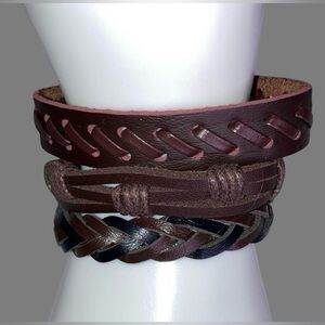 3 Pcs Faux Leather Cuff Bracelet Set Braided Brown & Black Wristband Unisex NWOT